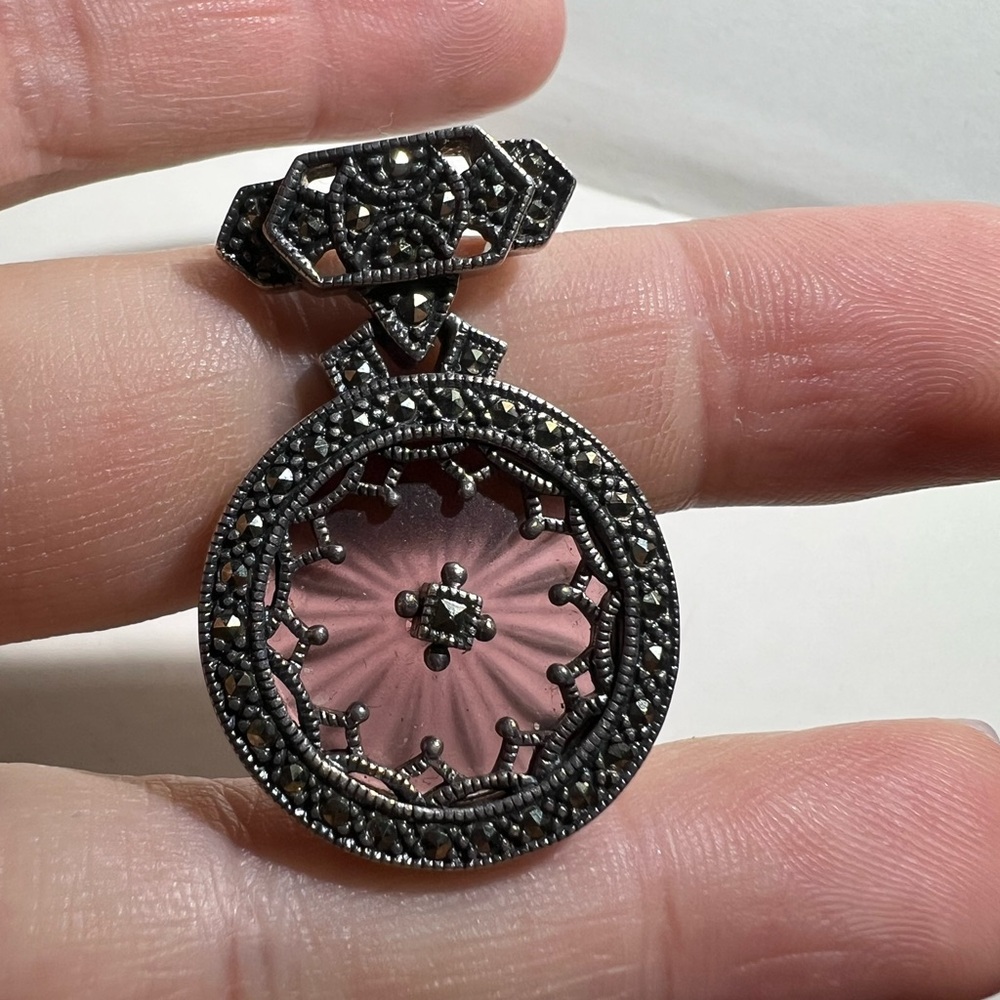 Vintage Judith Jack Pink and Sterling Silver Marcasite Pendant Pin Brooch 10.7g